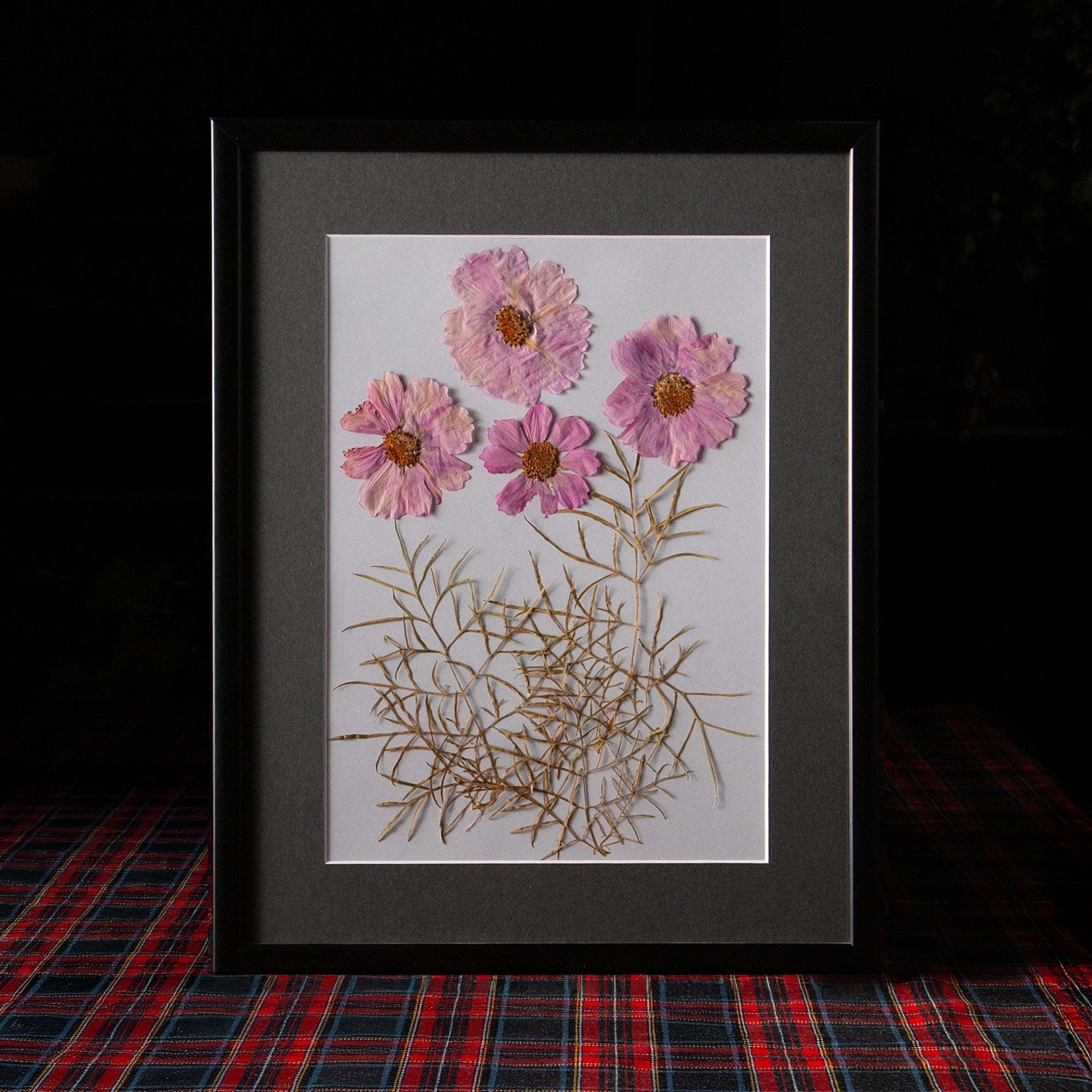 Cuadro botánico enmarcado con marco de madera negra y paspartú, flores y follajes prensados cuidadosamente dispuestos sobre fondo claro, colección “Jardín Preservado”.